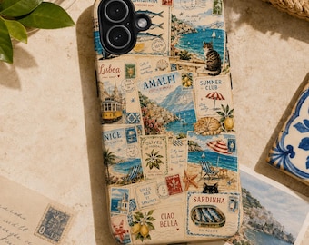 Coastal Cats Postcard Collage Phone Case, Amalfi Sardine & Lemon Vintage Summer Travel iPhone Pixel Galaxy Cover, Portugal Italy Spain Stamp