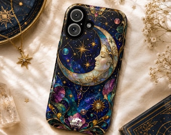 Celestial Crescent Moon Phone Case, Whimsical Stained Glass Art Nouveau Cover, Mystic Galaxy iPhone Samsung Galaxy Case, Cosmic Pixel Case