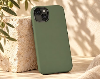 May include: A solid matte olive green smartphone case featuring a dual-lens camera cutout with a black border. The case has a smooth, uniform finish and rounded corners, designed to fit a mobile device with a standard rear camera configuration.