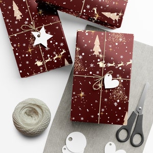 Burgundy Red Christmas Gift Wrapping Paper with Beige Design (Raindeers, Christmas trees, celestial design)