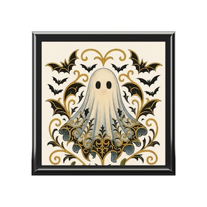 Halloween Wooden Jewelry Box: Vintage Ghost Motif, Art Nouveau Style