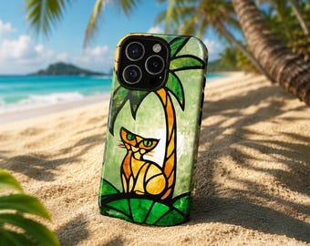 Coastal Cat Phone Case in Stained Glass Motif, Tropical Palm Tree iPhone Google Pixel Samsung Galaxy Cover, Ginger Cat Gift