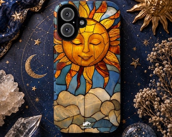 Stained Glass Sun Phone Case, Celestial iPhone Case, Sun and Clouds Phone Cover, Boho Sun Face Case, Mystic Sky Phone Case, Cottagecore Gift