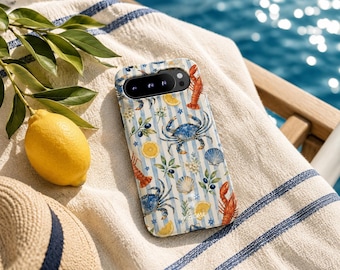 Coastal Crab Phone Case, Lobster and Lemon iPhone Case, Nautical Beach Phone Cover, Mediterranean Coastal Aesthetic, Blue Stripe Summer Case