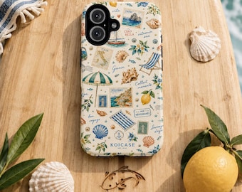 Mediterranean Summer Phone Case, Italian Coastal Lemons & Stamps Phone Case, Europe Positano Capri Travel Case, Vintage Postcard Aesthetic