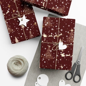 Burgundy Red Christmas Gift Wrapping Paper with Beige Design (Raindeers, Christmas trees, celestial design)
