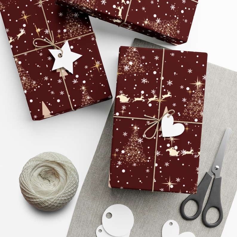 Burgundy Red Christmas Gift Wrapping Paper with Beige Design (Raindeers, Christmas trees, celestial design)