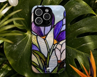 Stained Glass Crocus Phone Case, Purple Flower iPhone Case, Botanical Spring Phone Cover, Floral Art Nouveau Case, Nature Lover Gift