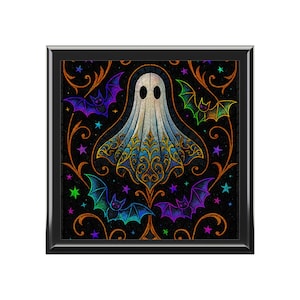 Halloween Themed Wooden Jewellery Box, Ghost & Bats Motif, Keepsake Trinket Organiser, Storage Box, Creepy Cute, Neon Witchy Style Box