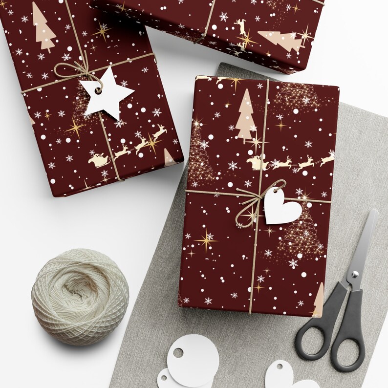 Burgundy Red Christmas Gift Wrapping Paper with Beige Design (Raindeers, Christmas trees, celestial design)