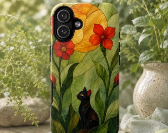 Black Cat Botanical Phone Case - Whimsical Floral iPhone Case, Cottagecore Nature Aesthetic, Stained Glass Cat Art