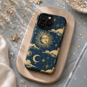 Retro Celestial Phone Case - Whimsical Sun, Moon, Stars & Clouds - for Samsung Galaxy Pixel iPhone
