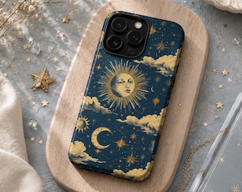 Retro Celestial Phone Case - Whimsical Sun, Moon, Stars & Clouds - for Samsung Galaxy Pixel iPhone