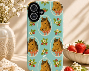 Coquette Horse Phone Case, Cottagecore Equestrian iPhone Case, Strawberry Horse Lover Gift, Vintage Pony Aesthetic Case