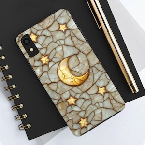 Tough Phone Case with Moon and Stars, Stained Glass Mother of Pearl Design Smartphone, Off-White Celestial iPhone Cover, Festive & Artistic