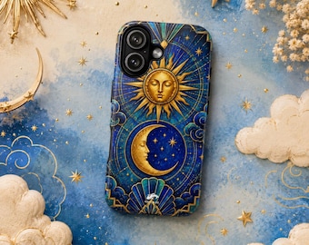 Celestial Sun Moon Phone Case, Blue Gold Astrology iPhone Case, Whimsical Cosmic Samsung Case, Starry Night Art Deco Zodiac Gift