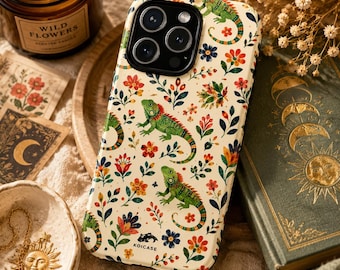 Iguana Phone Case, Botanical Reptile iPhone Case, Floral Lizard Phone Cover, Cottagecore Nature Phone Case, Tropical Iguana Gift