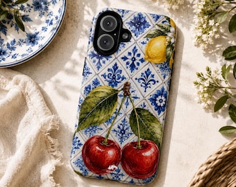 Cherry Phone Case, Portuguese Tile iPhone Case, Mediterranean Fruit Cover, Azulejo Samsung Galaxy Case, Botanical Pixel Case