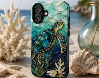 Sea Turtle Phone Case, Stained Glass Turtle iPhone Case, Coastal Ocean Phone Case, Tiffany Style Sea Turtle Cover, Beach Lover Gift