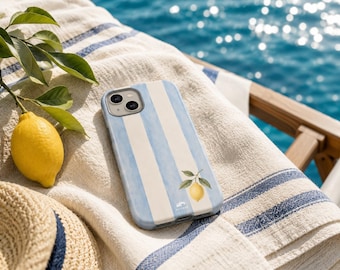 Mediterranean Lemon Phone Case, Blue Stripe Coastal iPhone Case, Amalfi Coast Summer Phone Cover, Quiet Luxury Beach iPhone