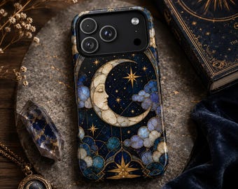 Celestial Moon Phone Case, Stained Glass Moon Case, Blue Gold Starry Night Phone Cover, Mystical Crescent Moon Case, Witchy Aesthetic Gift