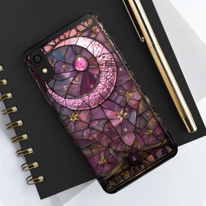 ピンクの月と星のスマホケース：天体ステンドグラス風 iPhone、Samsung Galaxy、Google Pixel カバー
