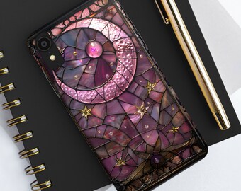 Pink Moon & Stars Phone Case: Celestial Stained Glass iPhone, Samsung Galaxy and Google Pixel Cover