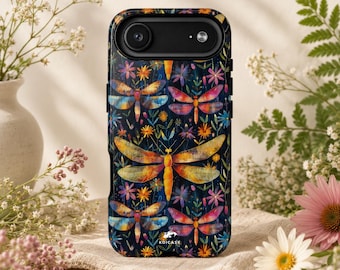Whimsical Dragonfly Phone Case, Botanical Wildflower iPhone Case, Colorful Cottagecore Floral Case, Nature Lover Gift