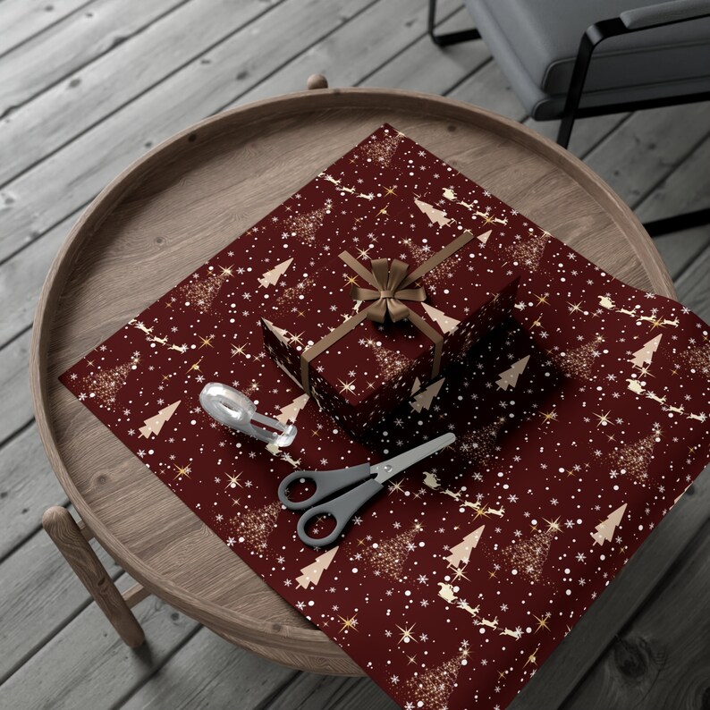 Burgundy Red Christmas Gift Wrapping Paper with Beige Design (Raindeers, Christmas trees, celestial design)