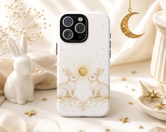 Celestial Bunny Phone Case, Rabbit Moon Stars Case, Neutral Serene Aesthetic iPhone Case,