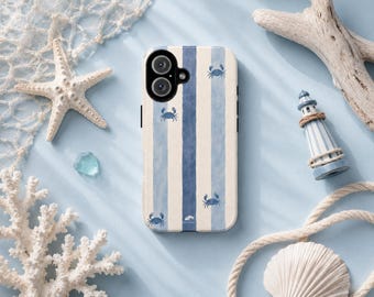 Blue Crab Phone Case, Coastal Striped iPhone Case, Nautical Beach Phone Cover, Summer Ocean Aesthetic Gift