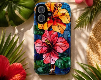 Stained Glass Hibiscus Phone Case, Tropical Flower iPhone Case, Colorful Botanical Phone Cover, Hawaiian Floral iPhone, Tropical Garden Gift