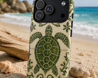 Green Sea Turtle Phone Case, Turtle Phone Case, Coastal Phone Case, Ocean Lover Gift, Azulejo Style Case, Beach Aesthetic, Sea Life Case