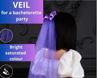 Dark purple single tier  bride veil for hen-party from soft tulle and with satin bow