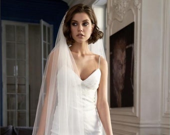 Single tier cathedral veil for wedding raw cut edge soft tulle veil with transparent comb