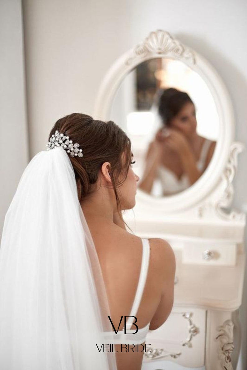 Elegant ivory chapel 2 tier veil, soft tulle raw cut edge with comb image 9