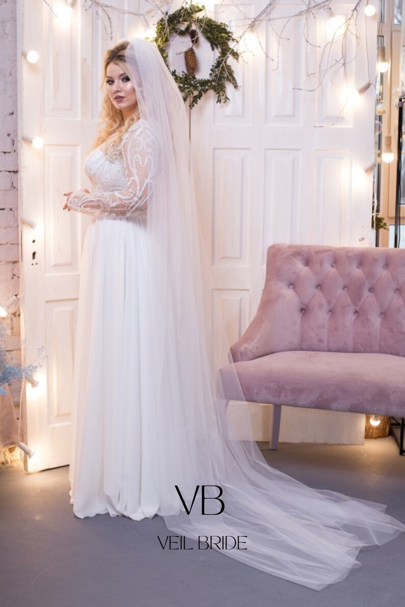 Elegant ivory chapel 2 tier veil, soft tulle raw cut edge with comb image 1