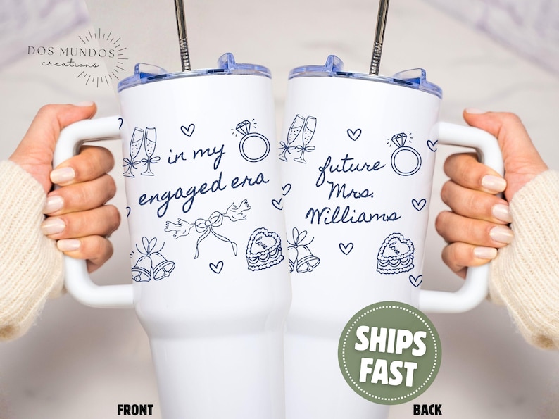 Vaso térmico personalizado para la futura novia, taza de viaje personalizada para la futura Sra., regalo de compromiso para la futura novia, vaso térmico con asa. imagen 1