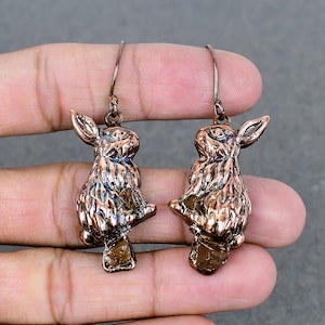 Pendientes de citrino en bruto, pendientes de cobre electroformado, pendientes de conejo, joyas electroformadas con piedras preciosas, regalos para ella, pendientes nuevos hechos a mano.