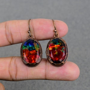 Pendientes de ammolita facetada, pendientes de cobre electroformado, pendientes antiguos, joyería electroformada, pendientes de piedras preciosas únicos hechos a mano, regalo para mujeres.