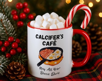 Mug démoniaque du feu drôle, produits dérivés animés subtils, que tout votre bacon brûle, tasse à café fantastique et confortable, personnage flamme magique, cadeau petit déjeuner amusant