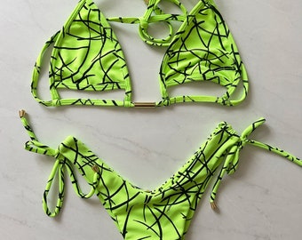 Bikini Set Neon Green Abstract Bikini Set Brazilian Swimwear Brazilian Bikini Set Cut Out Bikini Triangle 2 Piece Swim for Women