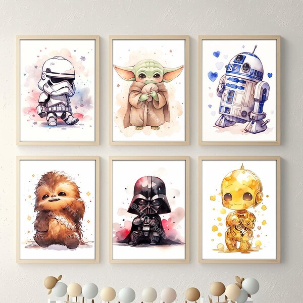 Ensemble de 6 adorables personnages de Star Wars - Baby Star Wars Wall Art, Nursery Decor, Nursery Art, Kids Bedroom, Gift for Kids, Birthday Gift