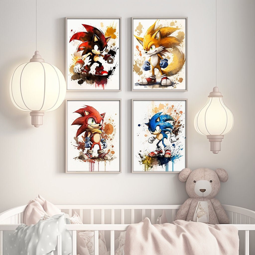 Sonic The Hedgehog Sticker Mural 3D Stickers Muraux Amovible PVC Cartoon Sticker  Mural pour Enfants Chambre Salon Salle de Jeux Décoration Murale 