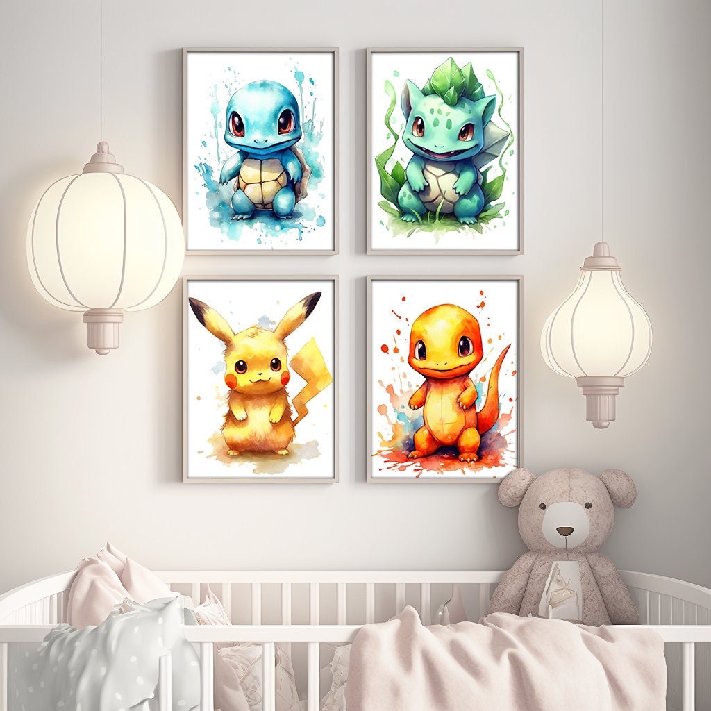 Impression de pokemon à l'aquarelle, cadeau de fan d'art de décor de mur de  Pikachu pour des enfants, abstrait minimaliste d'affiche imprimable,  impression d'art de mur de Pokemon pour la pépinière 