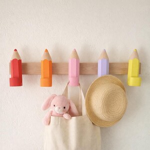 Pencil Wall Hooks for Kids, Handmade Beech Wood Coat Hooks, Montessori Nursery Decor image 8