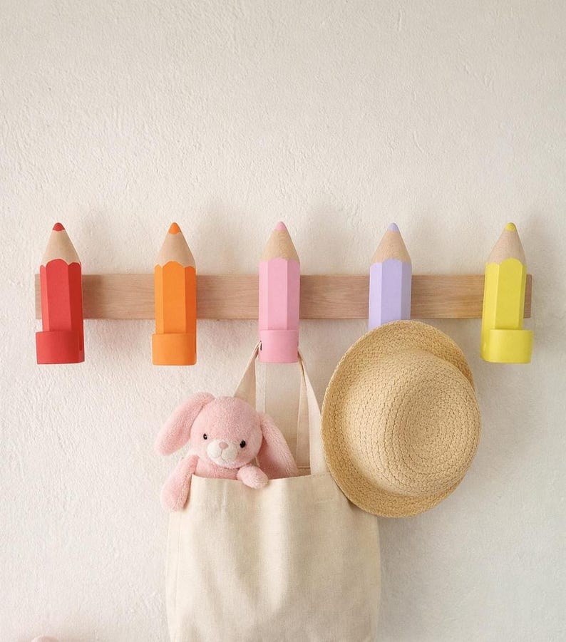 Pencil Wall Hooks for Kids, Handmade Beech Wood Coat Hooks, Montessori Nursery Decor image 8