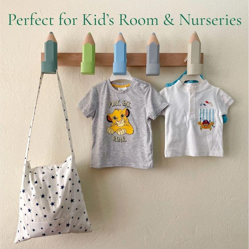 Pencil Wall Hooks for Kids, Handmade Beech Wood Coat Hooks, Montessori Nursery Decor image 9