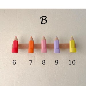 Pencil Wall Hooks for Kids, Handmade Beech Wood Coat Hooks, Montessori Nursery Decor 65 cm + 5 pencils -B
