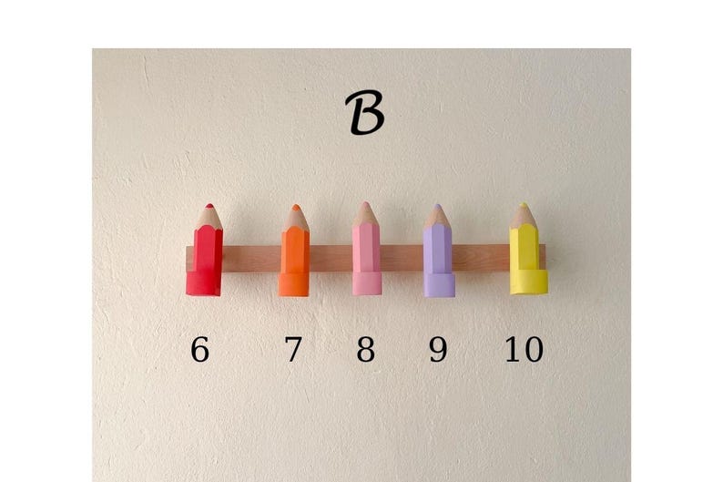 Pencil Wall Hooks for Kids, Handmade Beech Wood Coat Hooks, Montessori Nursery Decor 65 cm + 5 pencils -B